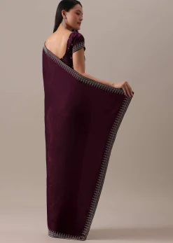 Red Stone Embellished Saree In Satin