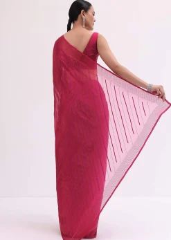 Red Stone Embroidered Saree With Unstitched Blouse