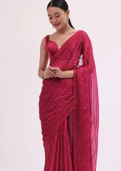 Red Stone Embroidered Saree With Unstitched Blouse