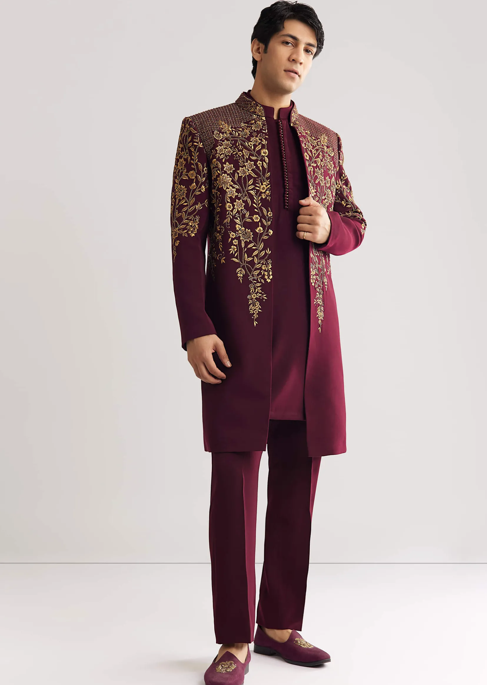 Red Suiting Indo Western With Zardosi Floral Work
