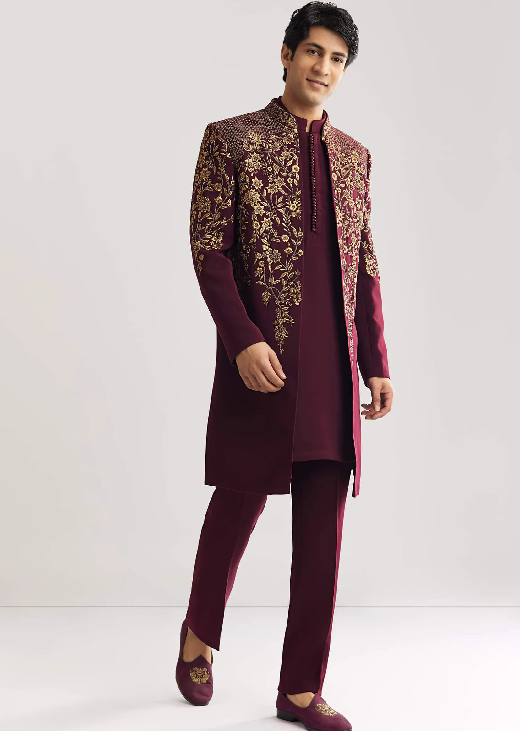 Red Suiting Indo Western With Zardosi Floral Work
