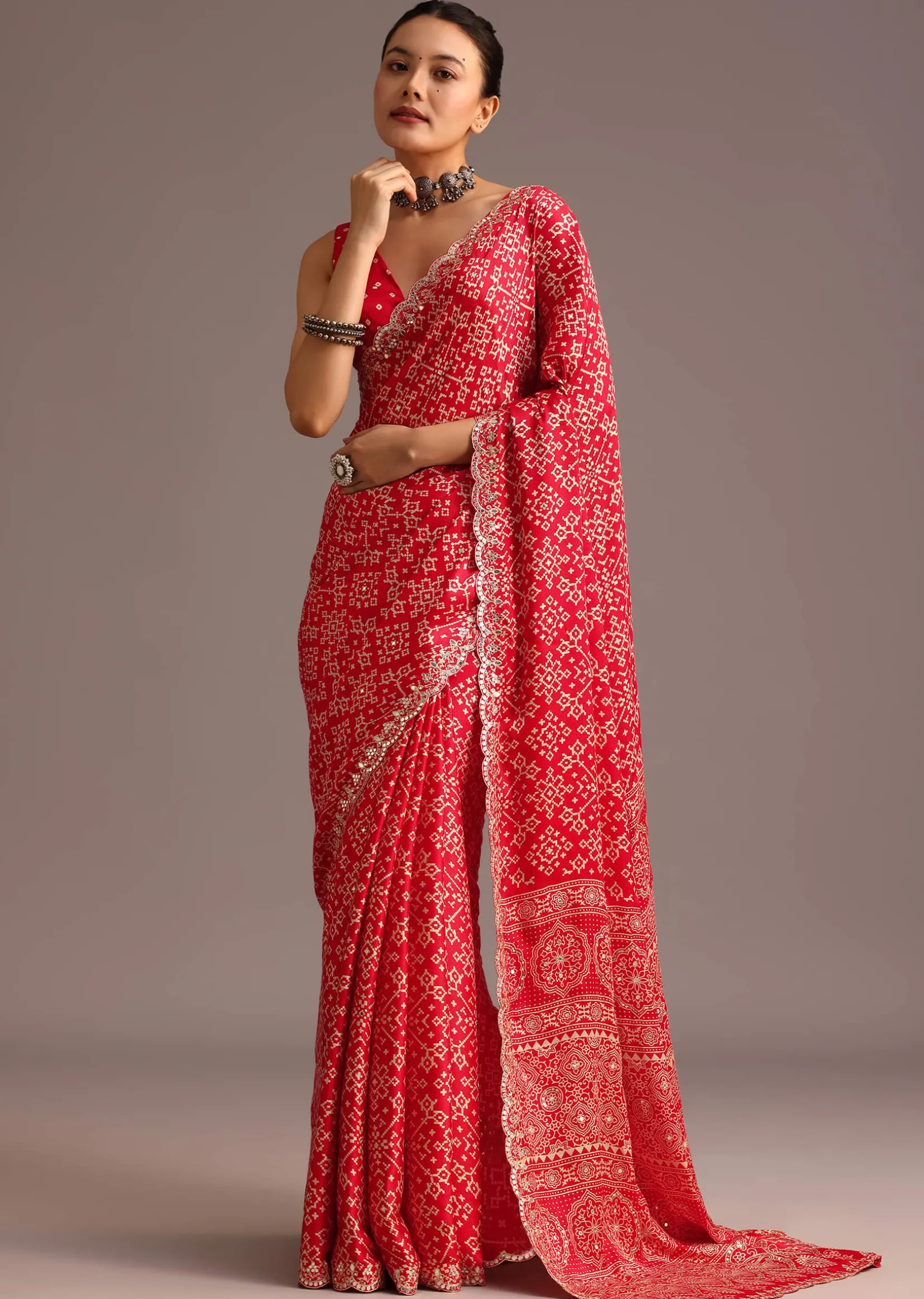 Red Traditional Ajrakh Print Satin Saree With Embellished Scallop Border And Unstitched Blouse