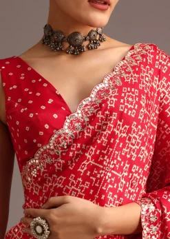 Red Traditional Ajrakh Print Satin Saree With Embellished Scallop Border And Unstitched Blouse