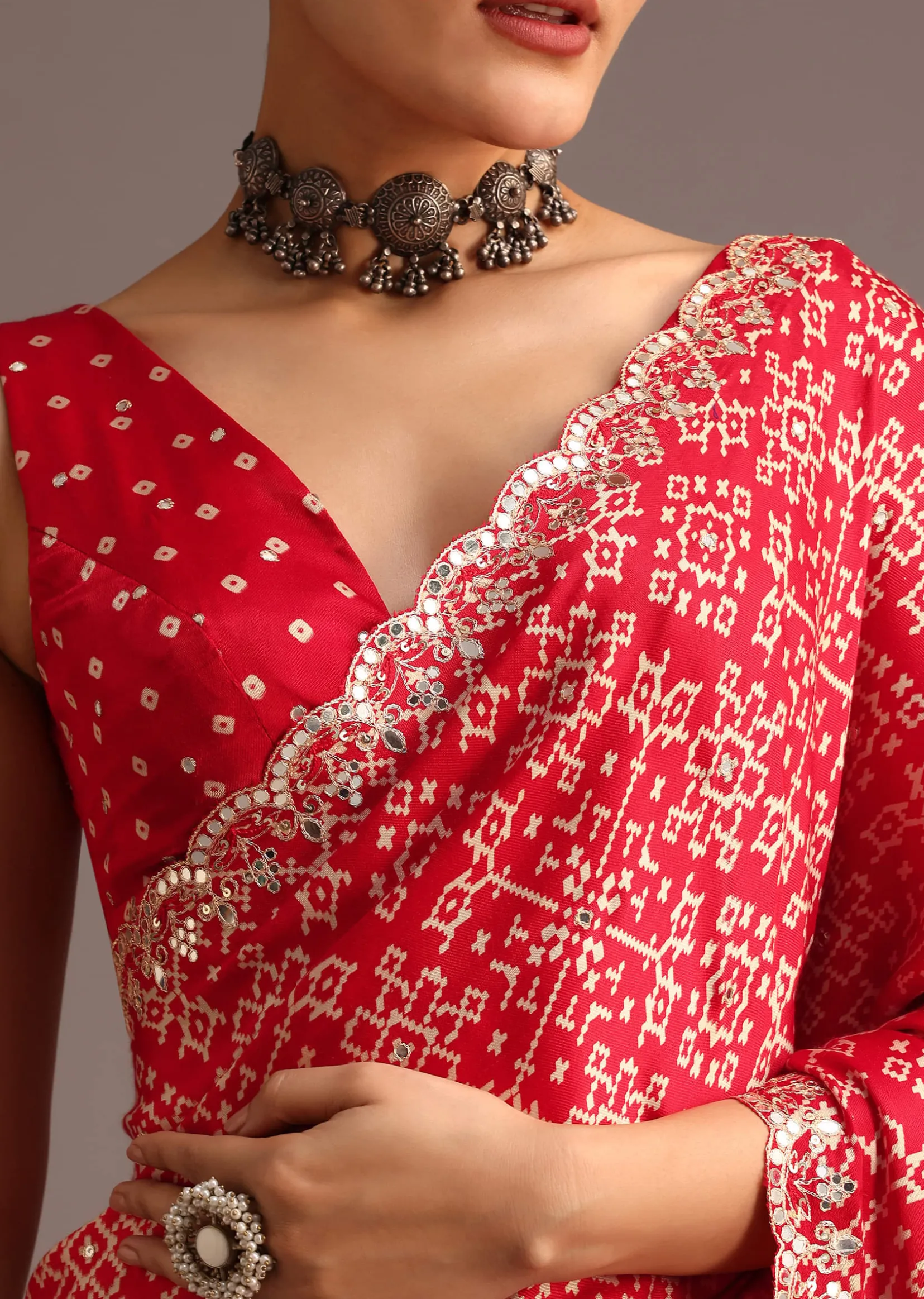 Red Traditional Ajrakh Print Satin Saree With Embellished Scallop Border And Unstitched Blouse