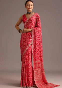 Red Traditional Ajrakh Print Satin Saree With Embellished Scallop Border And Unstitched Blouse