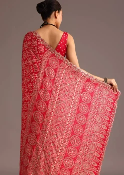 Red Traditional Ajrakh Print Satin Saree With Embellished Scallop Border And Unstitched Blouse