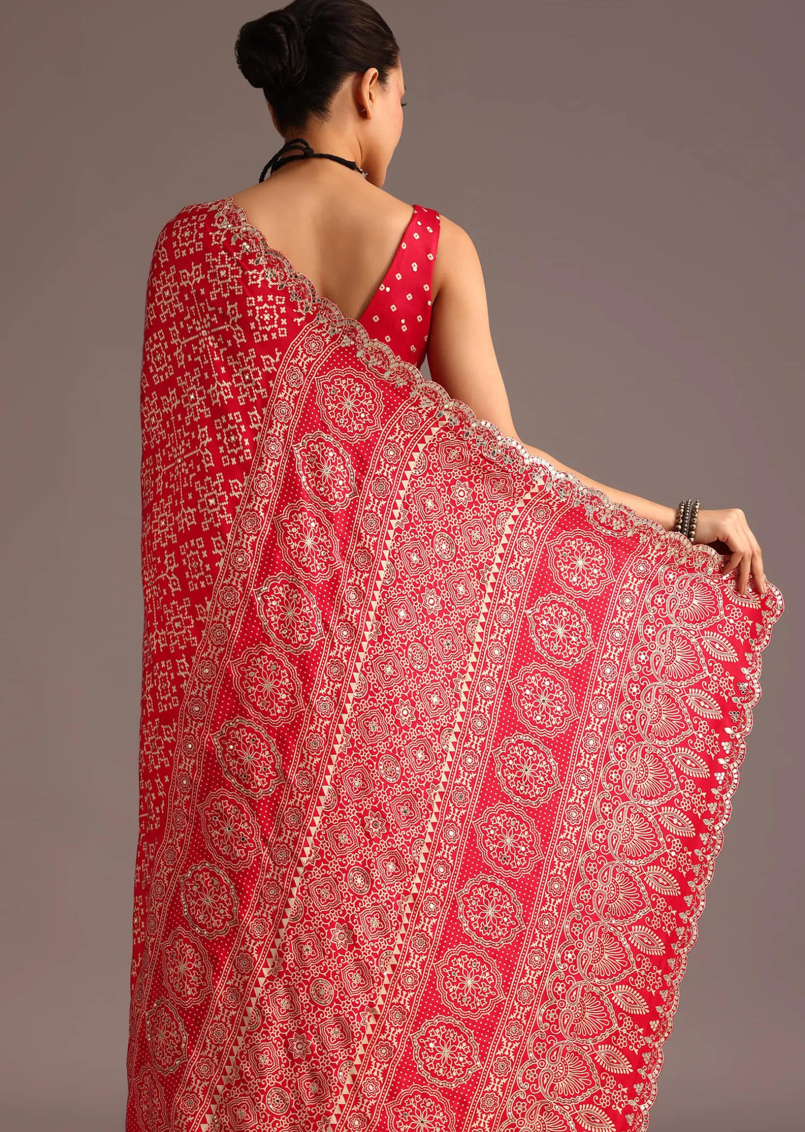 Red Traditional Ajrakh Print Satin Saree With Embellished Scallop Border And Unstitched Blouse