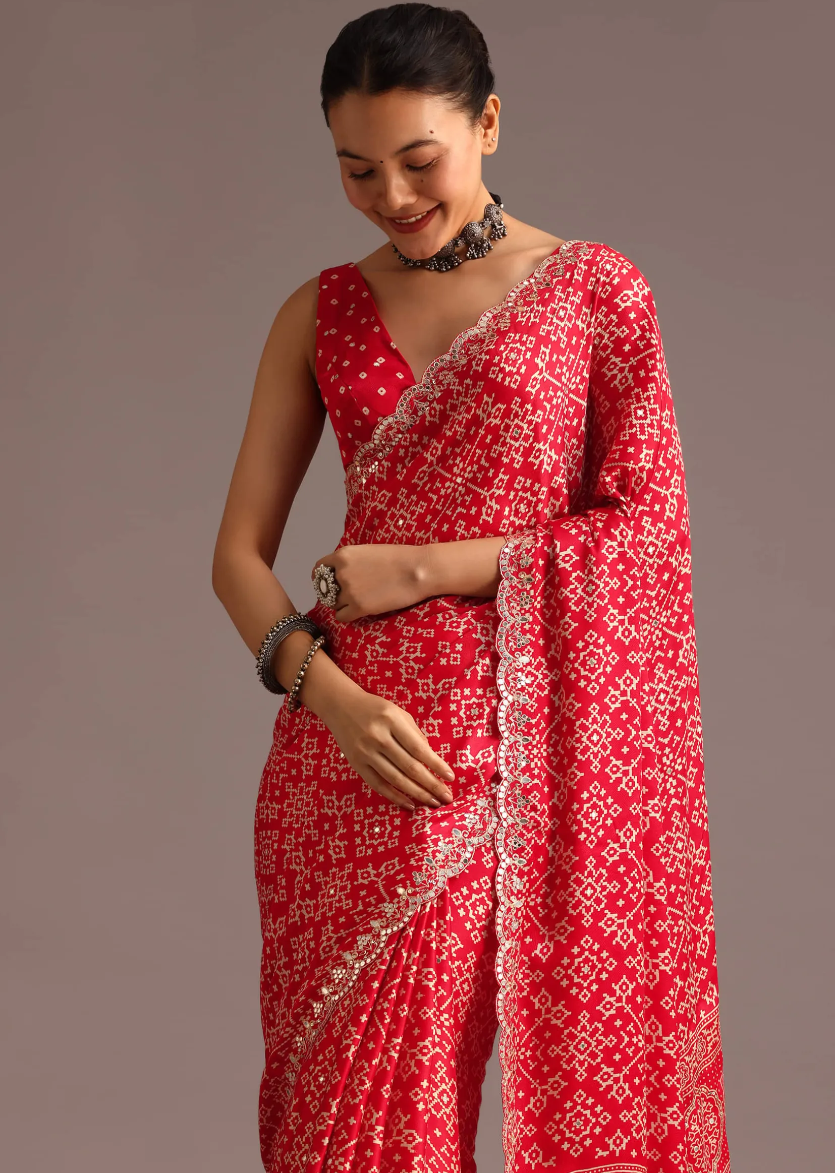 Red Traditional Ajrakh Print Satin Saree With Embellished Scallop Border And Unstitched Blouse