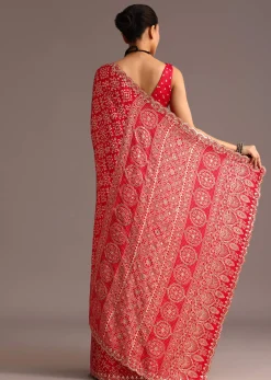 Red Traditional Ajrakh Print Satin Saree With Embellished Scallop Border And Unstitched Blouse