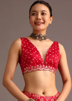 Red Traditional Ajrakh Print Satin Saree With Embellished Scallop Border And Unstitched Blouse
