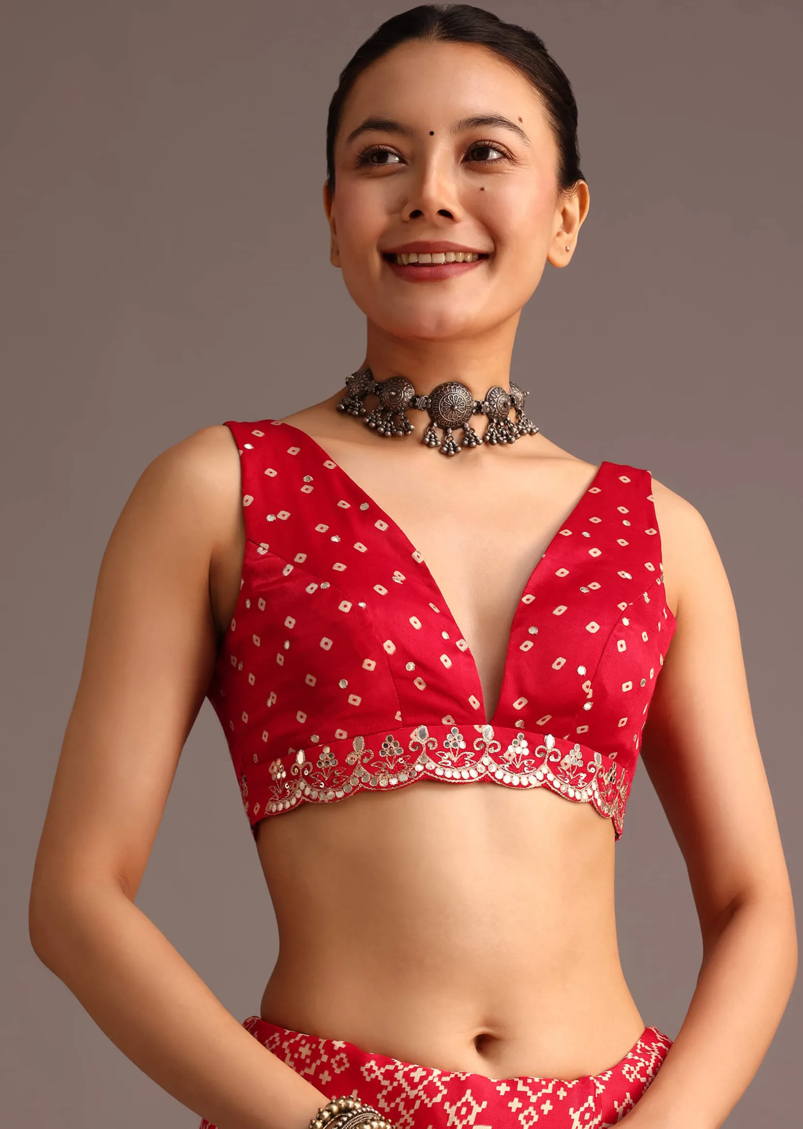 Red Traditional Ajrakh Print Satin Saree With Embellished Scallop Border And Unstitched Blouse