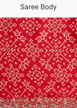 Red Traditional Ajrakh Print Satin Saree With Embellished Scallop Border And Unstitched Blouse