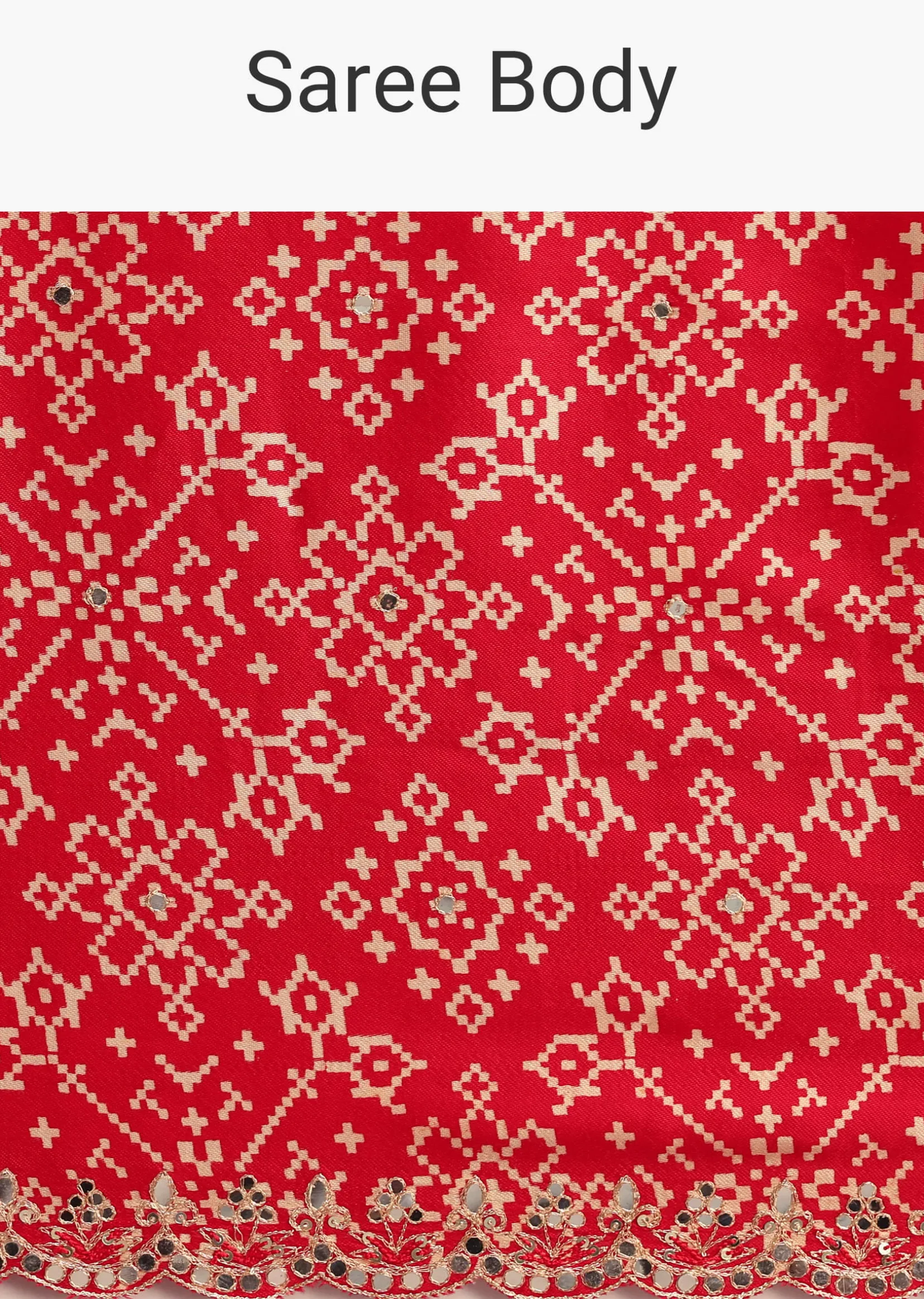 Red Traditional Ajrakh Print Satin Saree With Embellished Scallop Border And Unstitched Blouse