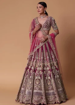 Red Velvet Raw Silk 16 Kali Zardosi Lehenga With Pearl Blouse Set