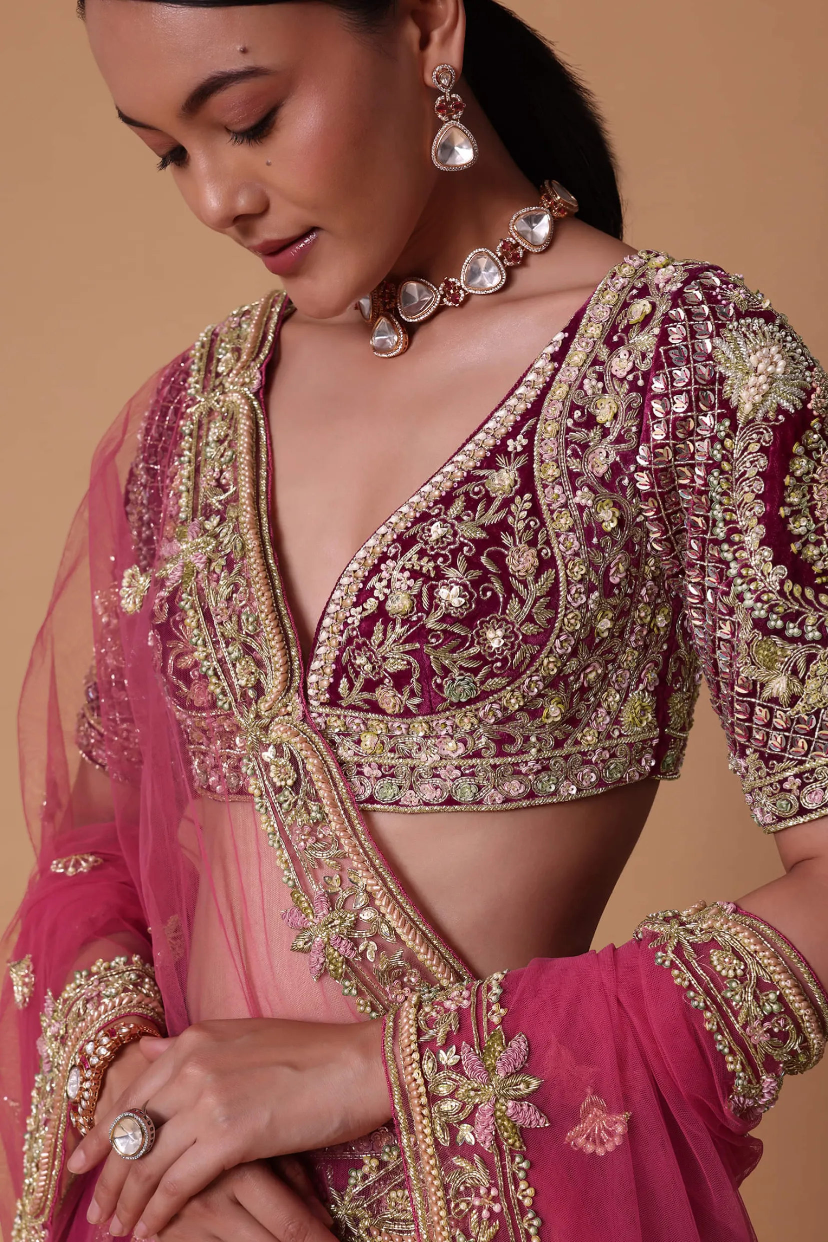 Red Velvet Raw Silk 16 Kali Zardosi Lehenga With Pearl Blouse Set