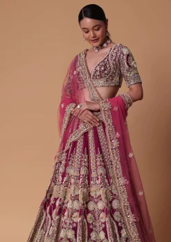 Red Velvet Raw Silk 16 Kali Zardosi Lehenga With Pearl Blouse Set