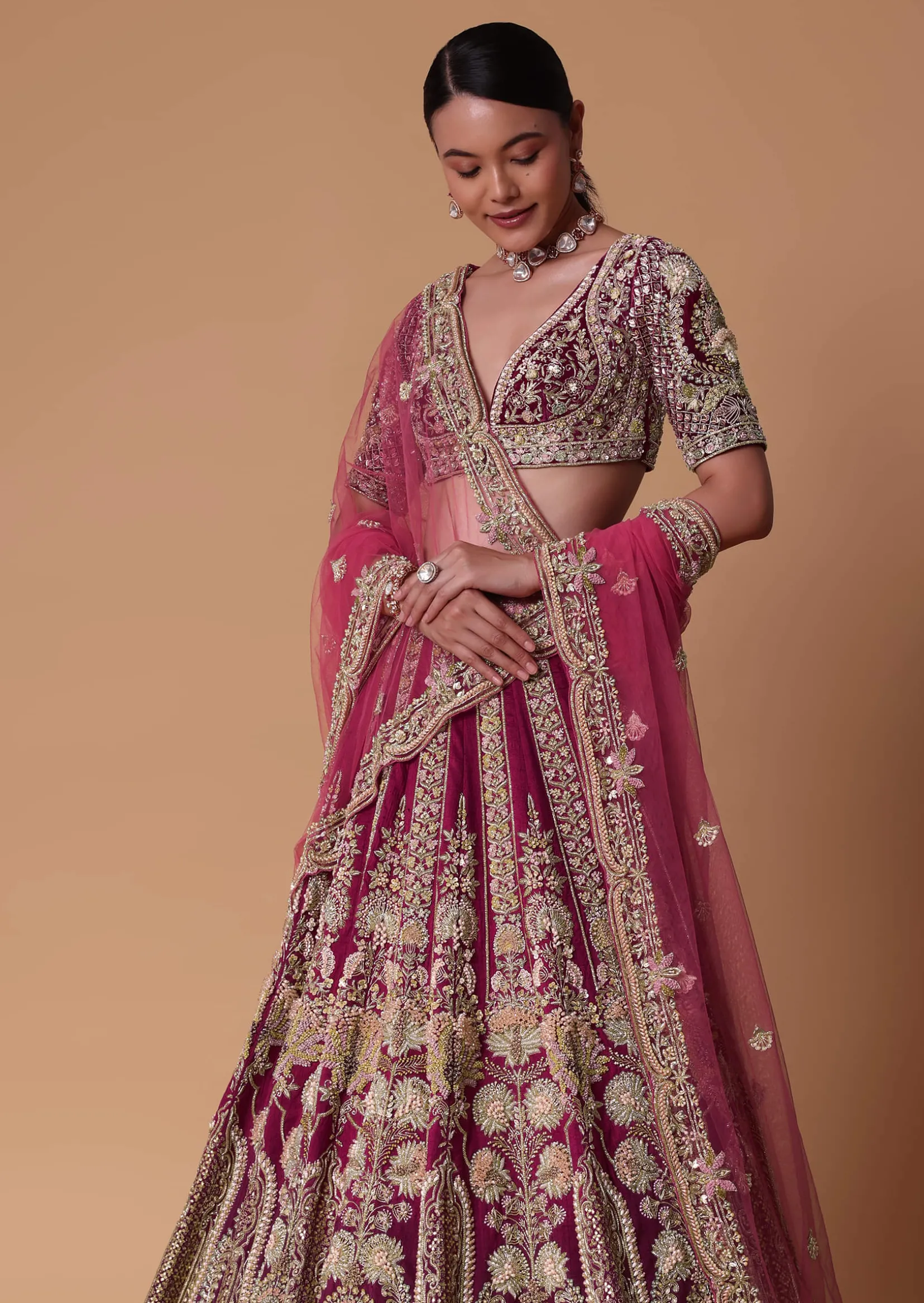 Red Velvet Raw Silk 16 Kali Zardosi Lehenga With Pearl Blouse Set