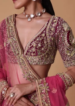 Red Velvet Raw Silk 16 Kali Zardosi Lehenga With Pearl Blouse Set