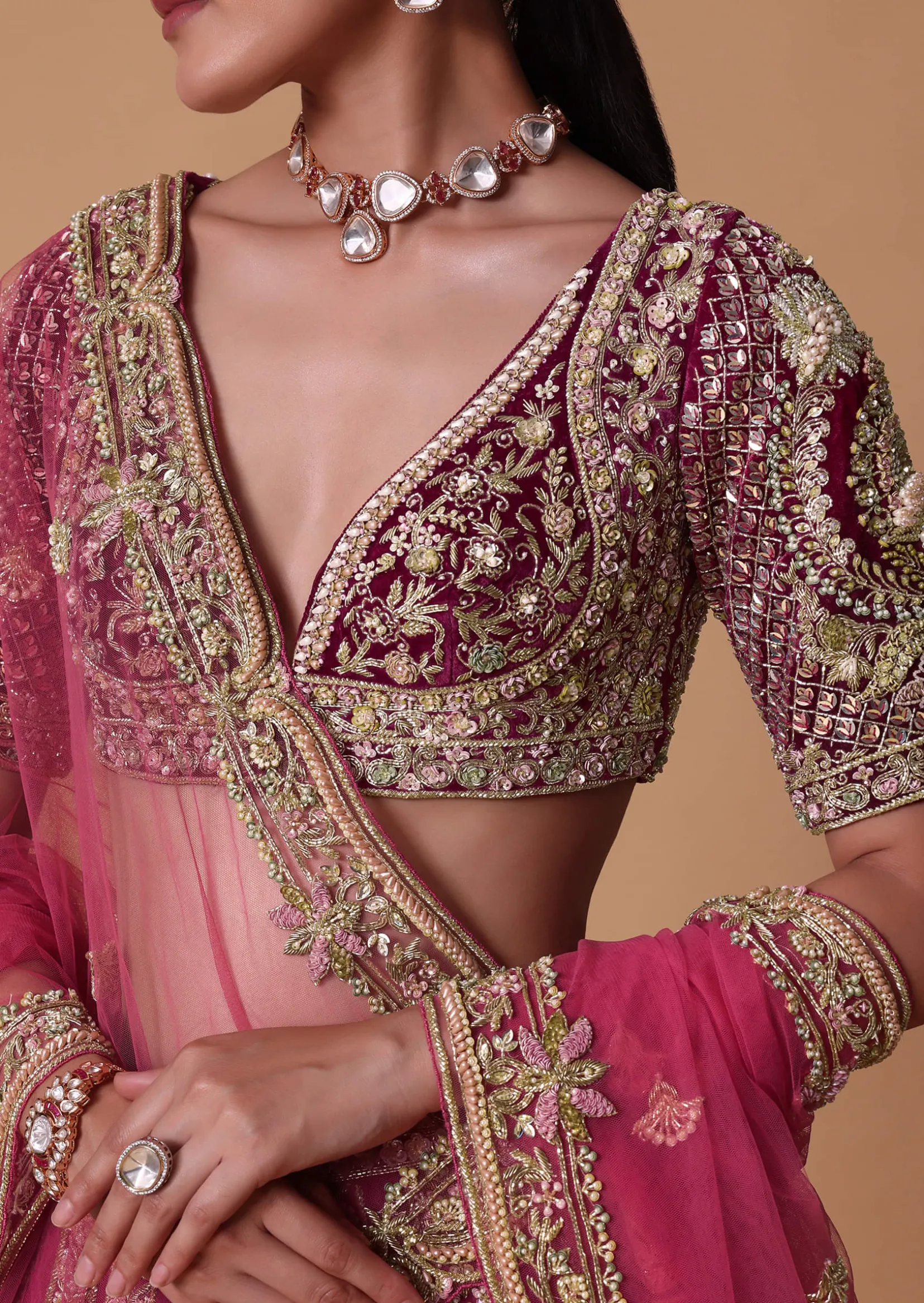 Red Velvet Raw Silk 16 Kali Zardosi Lehenga With Pearl Blouse Set