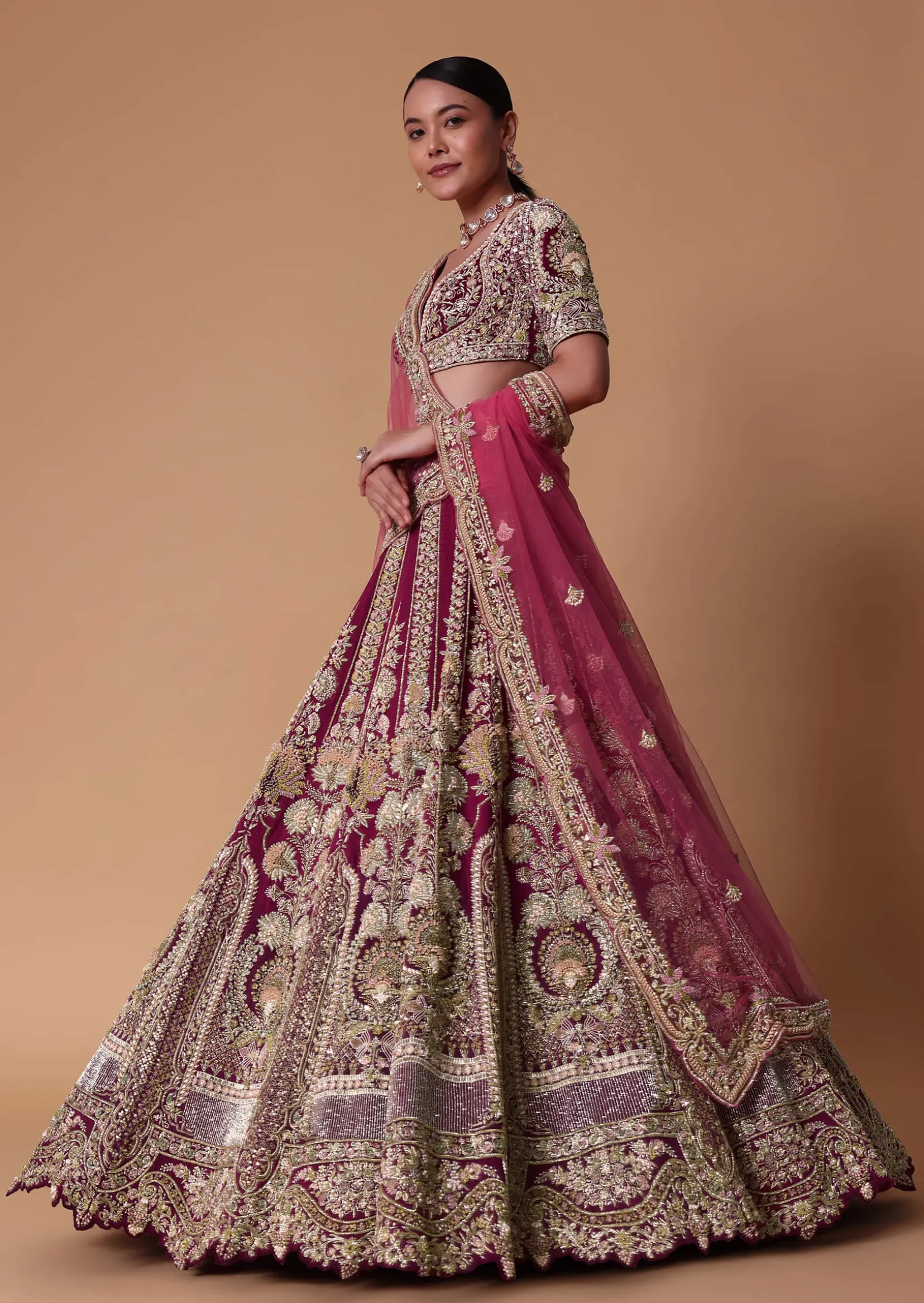 Red Velvet Raw Silk 16 Kali Zardosi Lehenga With Pearl Blouse Set
