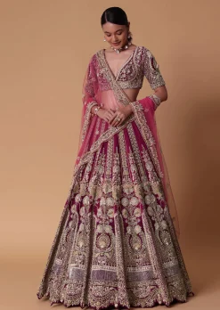 Red Velvet Raw Silk 16 Kali Zardosi Lehenga With Pearl Blouse Set