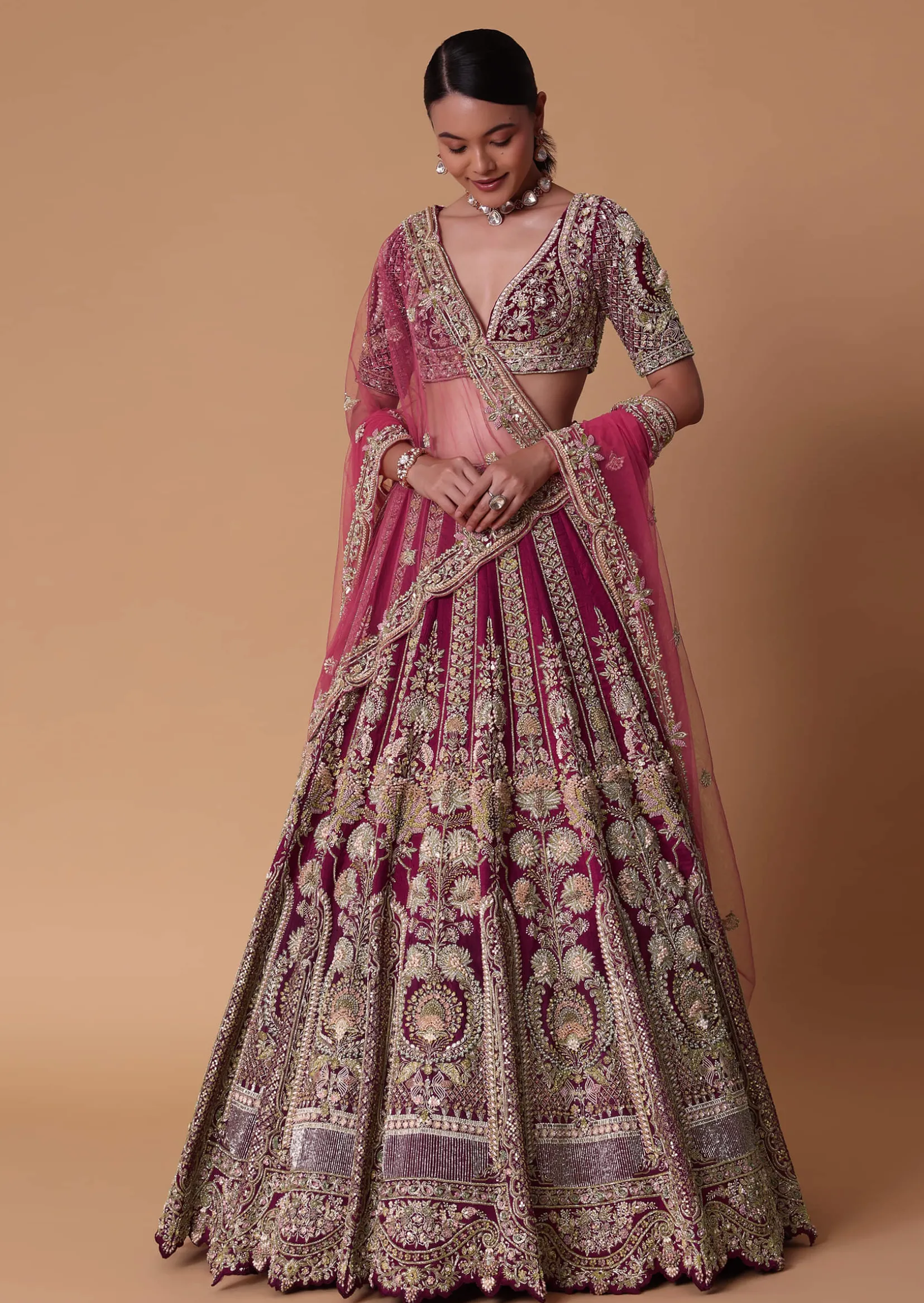 Red Velvet Raw Silk 16 Kali Zardosi Lehenga With Pearl Blouse Set