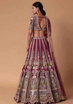 Red Velvet Raw Silk 16 Kali Zardosi Lehenga With Pearl Blouse Set