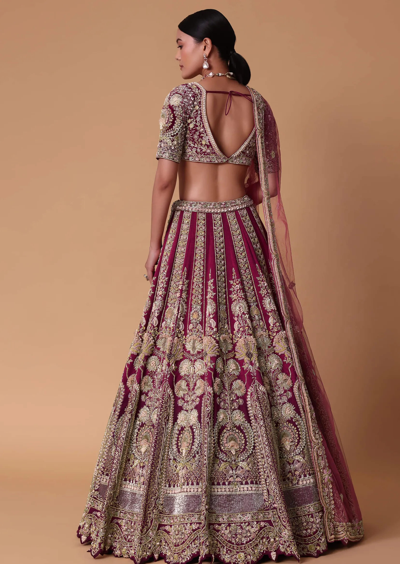 Red Velvet Raw Silk 16 Kali Zardosi Lehenga With Pearl Blouse Set
