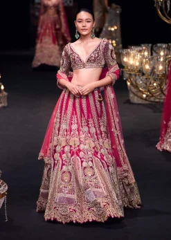 Red Velvet Raw Silk 16 Kali Zardosi Lehenga With Pearl Blouse Set
