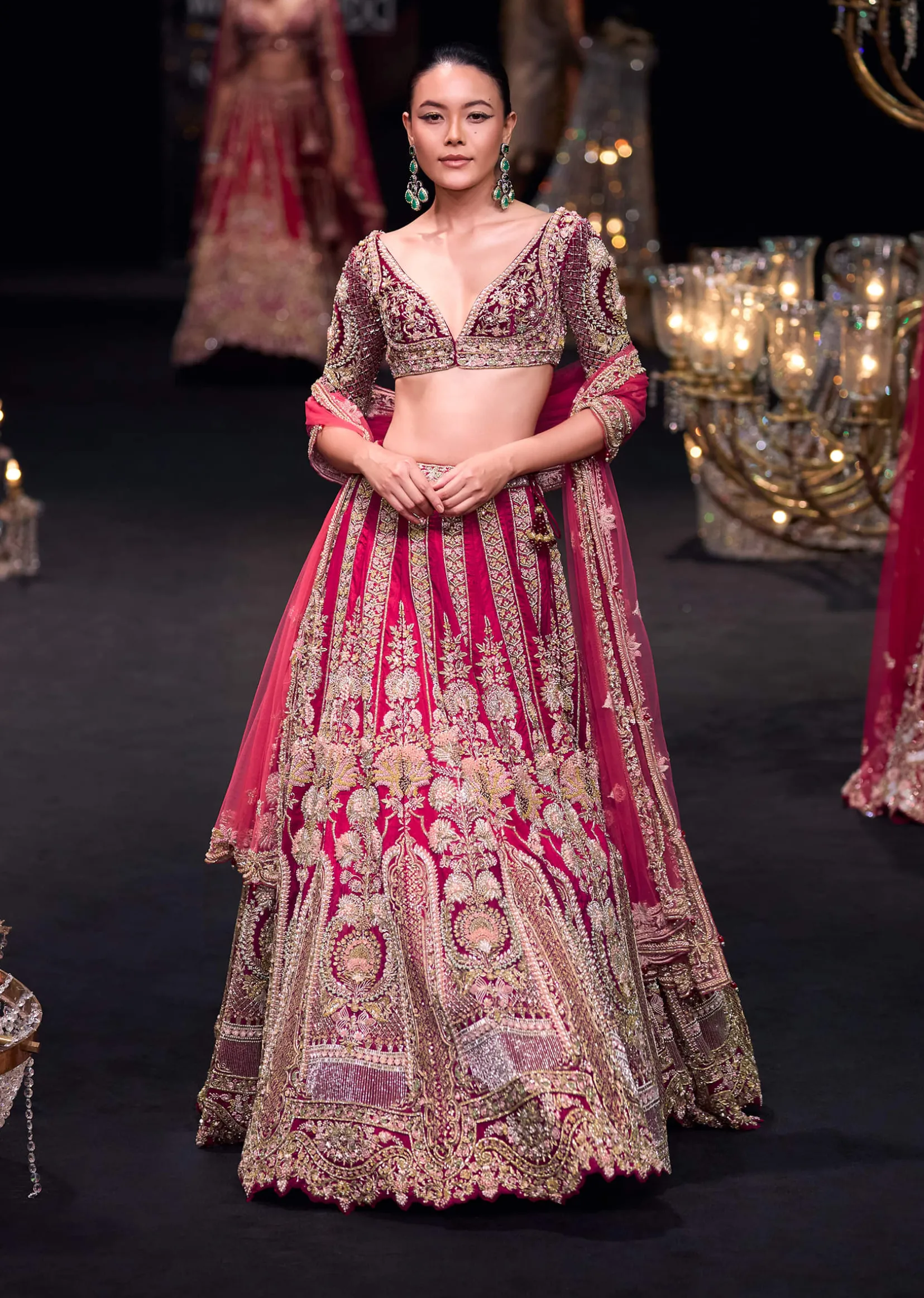 Red Velvet Raw Silk 16 Kali Zardosi Lehenga With Pearl Blouse Set