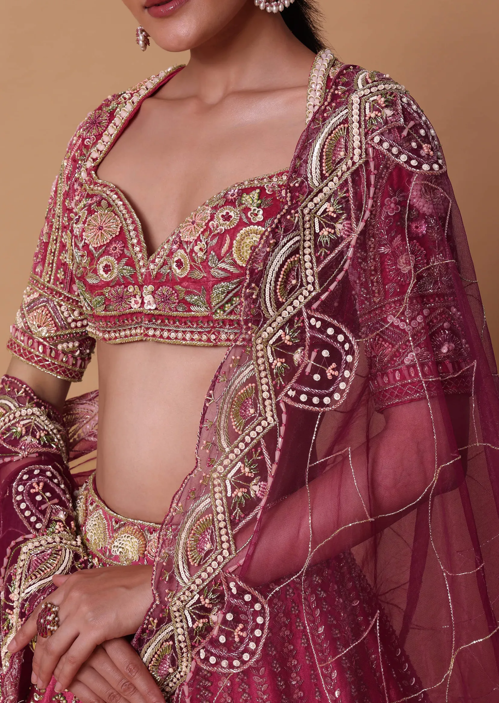 Red Velvet Silk 16 Kali Zardosi Lehenga With Crystal Blouse And Two Dupattas