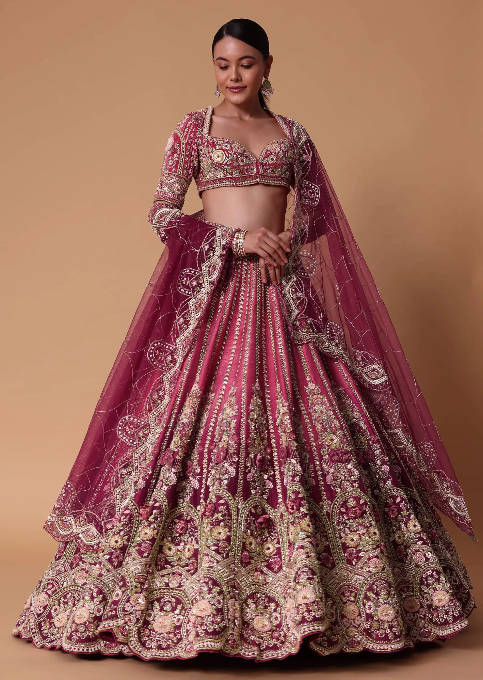 Red Velvet Silk 16 Kali Zardosi Lehenga With Crystal Blouse And Two Dupattas