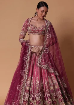 Red Velvet Silk 16 Kali Zardosi Lehenga With Crystal Blouse And Two Dupattas