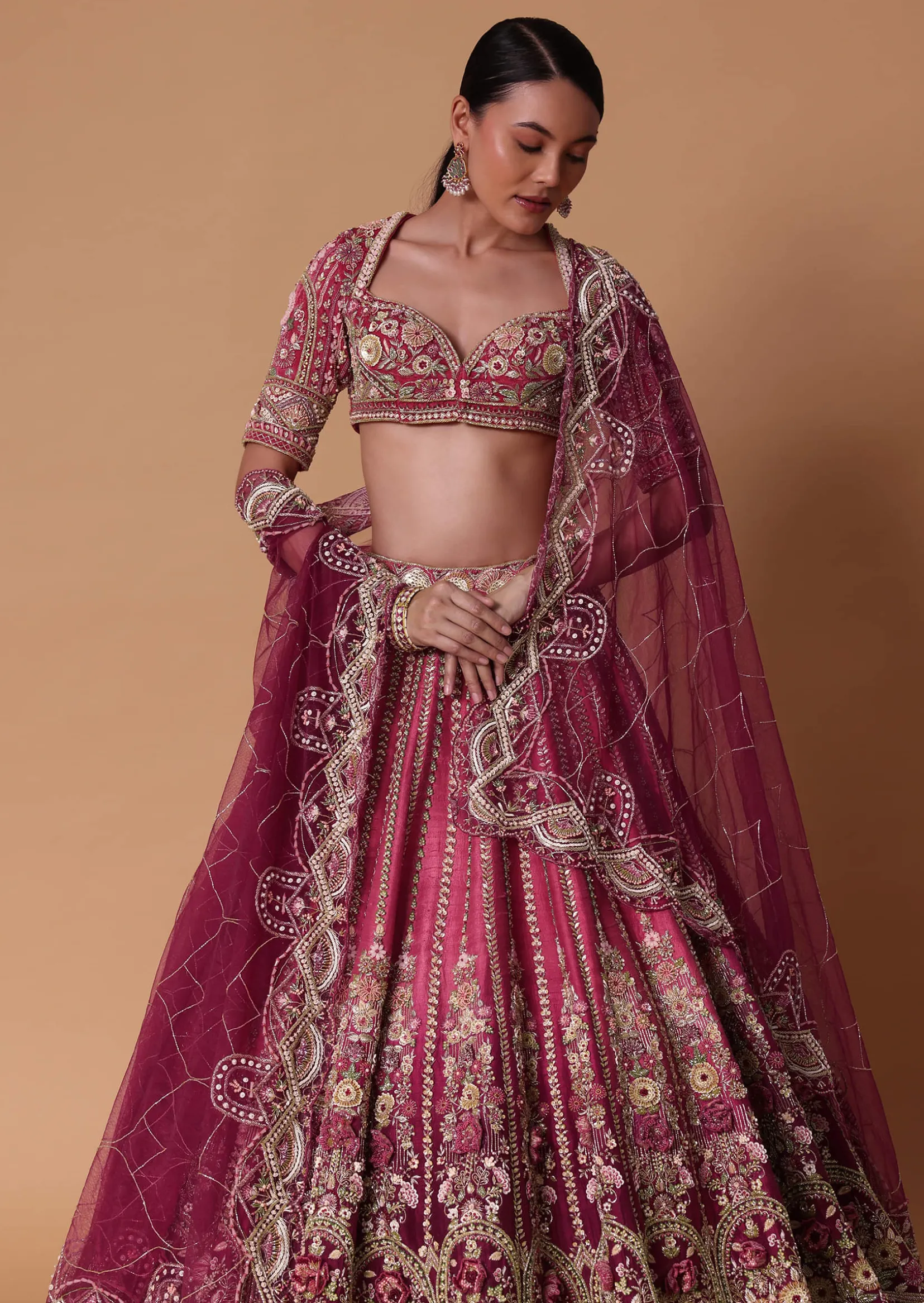 Red Velvet Silk 16 Kali Zardosi Lehenga With Crystal Blouse And Two Dupattas