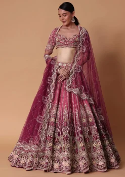 Red Velvet Silk 16 Kali Zardosi Lehenga With Crystal Blouse And Two Dupattas