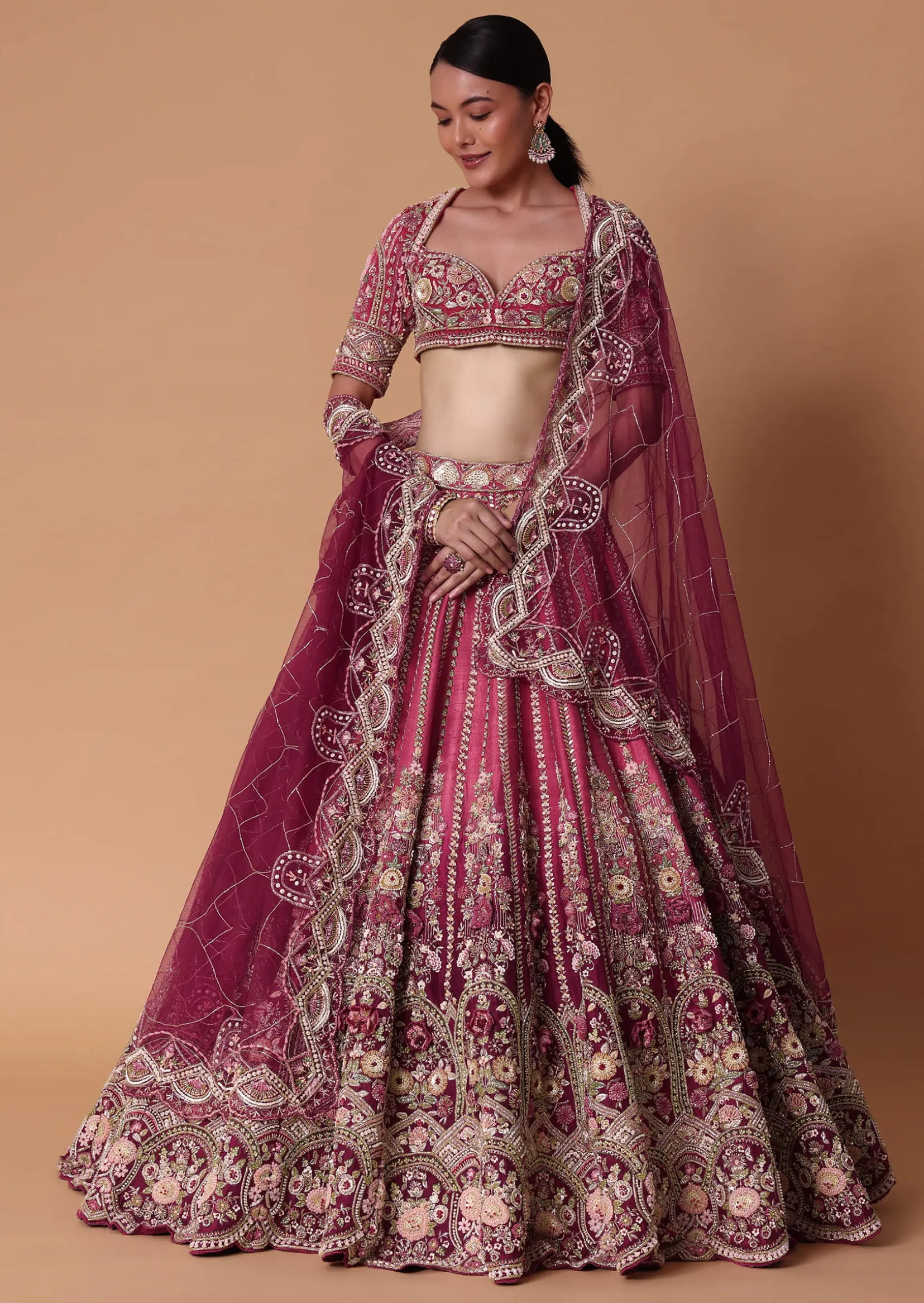 Red Velvet Silk 16 Kali Zardosi Lehenga With Crystal Blouse And Two Dupattas
