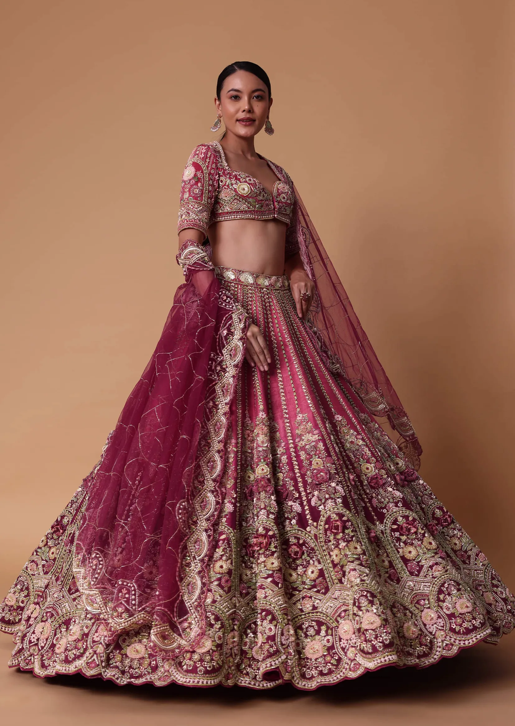 Red Velvet Silk 16 Kali Zardosi Lehenga With Crystal Blouse And Two Dupattas