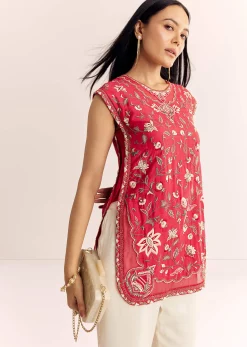 Red Viscose Raw Silk Short Kurta Set With Chinon Kali Palazzo