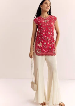 Red Viscose Raw Silk Short Kurta Set With Chinon Kali Palazzo