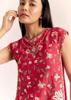 Red Viscose Raw Silk Short Kurta Set With Chinon Kali Palazzo