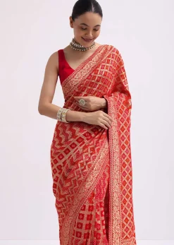 Red Woven Georgette Saree With Unstitched Blouse