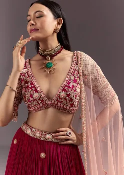 Red Zardosi Embroidered Lehenga Set With Tassel Blouse