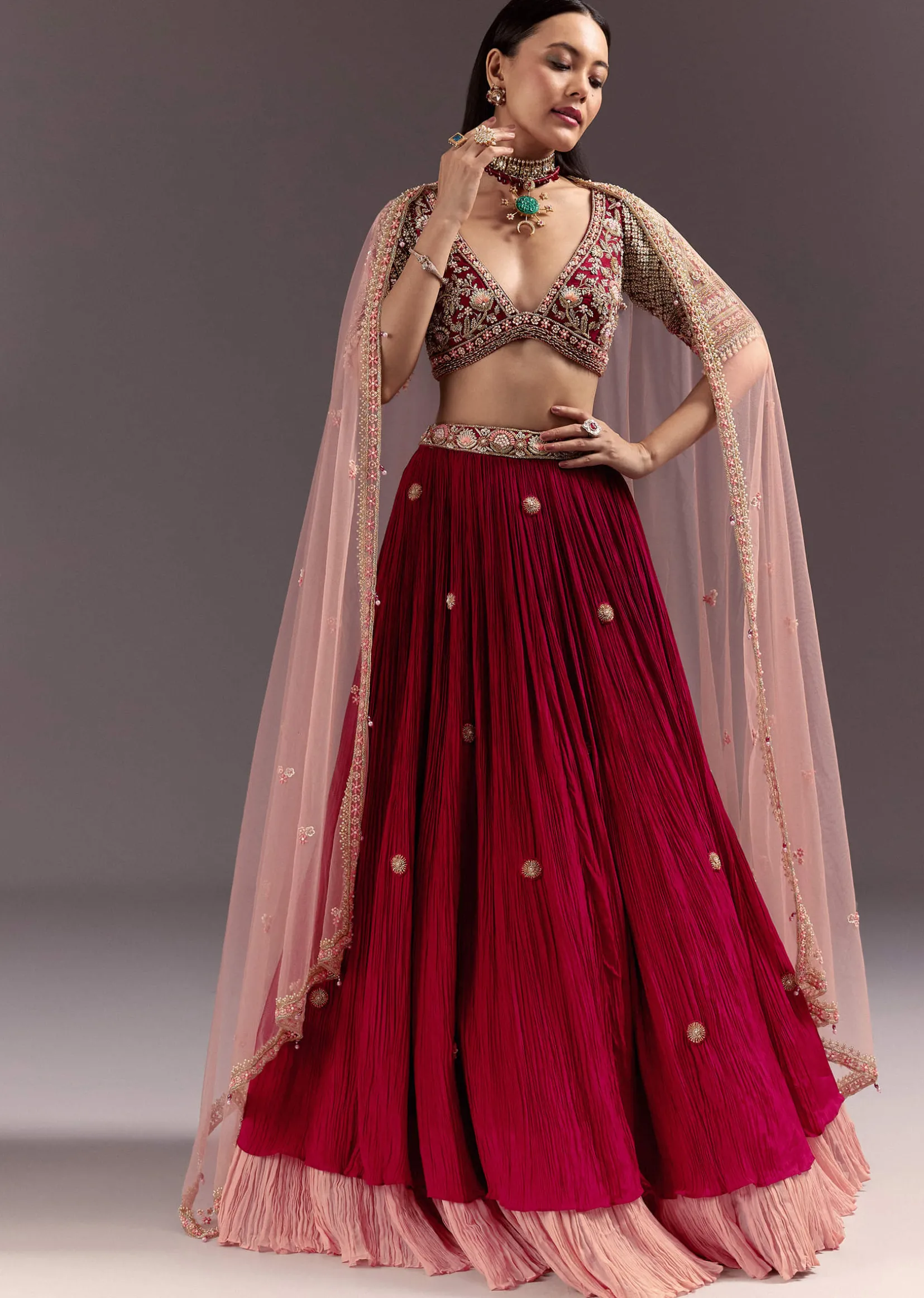 Red Zardosi Embroidered Lehenga Set With Tassel Blouse