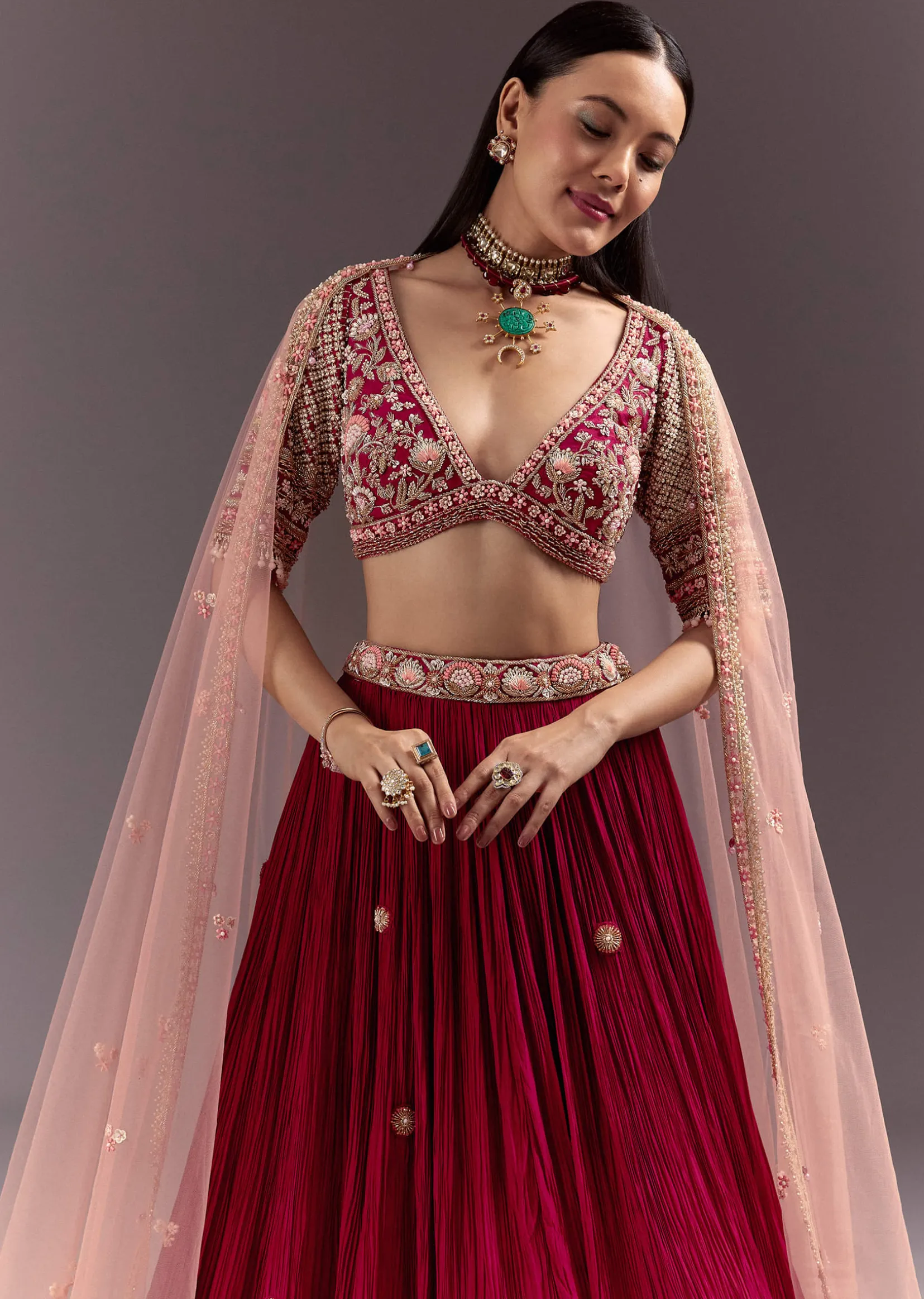 Red Zardosi Embroidered Lehenga Set With Tassel Blouse
