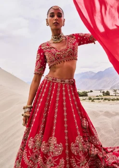 Red Zardosi Embroidered Lehenga Set With Two Dupattas