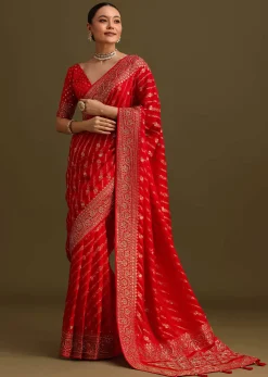 Red Zardosi Embroidered Saree With Unstitched Blouse