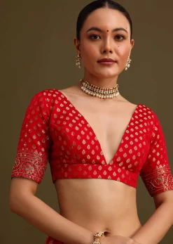 Red Zardosi Embroidered Saree With Unstitched Blouse