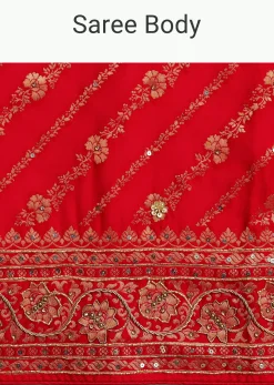 Red Zardosi Embroidered Saree With Unstitched Blouse