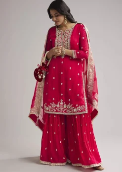 Red Zari Palazzo Suit Set With Dupatta