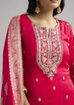Red Zari Palazzo Suit Set With Dupatta